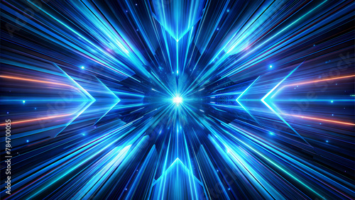 abstract background of A burst of blue light with arrows emanating from it radiates outward in the darkness. AI generated illustration