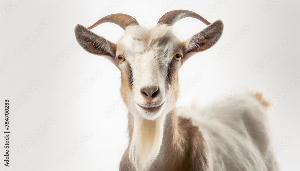 A close-up of a goat with white and brown fur and curved horns stands against a white background.