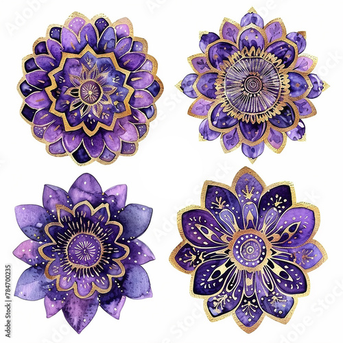 Four purple mandala flowers with gold accents. The flowers are all different sizes and shapes. The flowers are arranged in a way that creates a sense of harmony and balance photo
