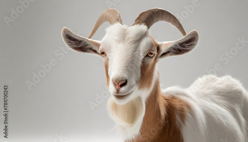 A close-up of a goat with white and brown fur and curved horns stands against a white background.