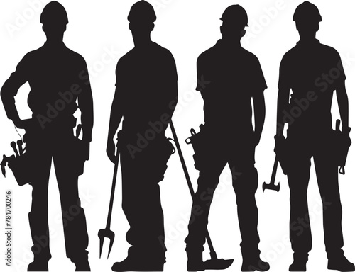 silhouette of professional workers people standing with construction tools. Florist, plumber, construction worker, builder  Happy Labor Day content. Vector illustration