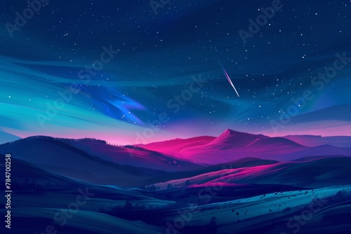 This photo depicts a painting of a night sky with towering mountains and a vast array of stars, Abstract country landscape under futuristic night sky, AI Generated © Ifti Digital
