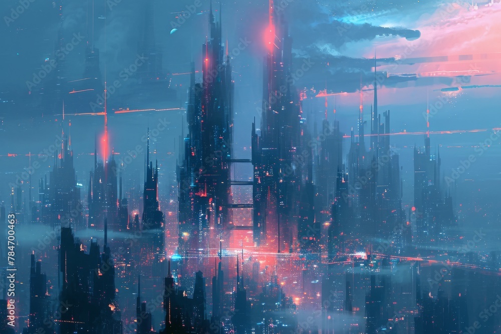 A vibrant and high-tech urban landscape filled with neon lights that cast an electric glow across the city, Abstract futuristic cityscape at dusk, AI Generated