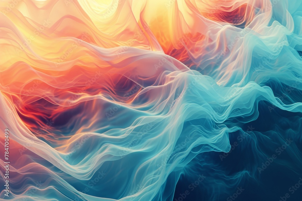 An abstract painting featuring vibrant waves in blue and orange hues, Abstract, futuristic patterns flowing like a river, AI Generated