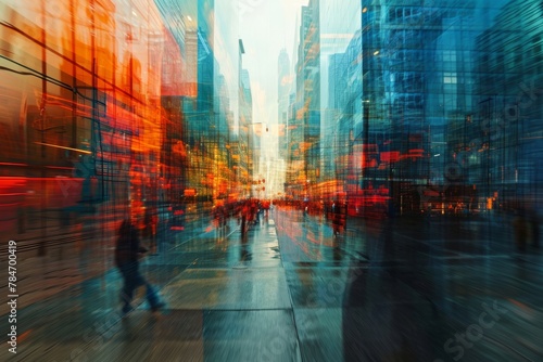 A blur of pedestrians walking along a busy city street, Abstract, dreamlike interpretation of futuristic city life, AI Generated photo
