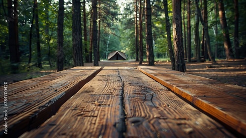 Rustic wooden table with a backdrop of a dense forest, where camping tents are barely visible.