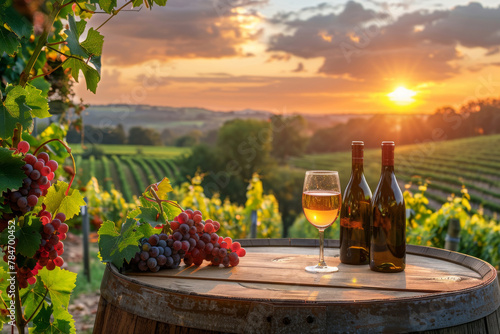 Sunset Glow over Vineyard with Wine and Grapes on Wooden Barrel