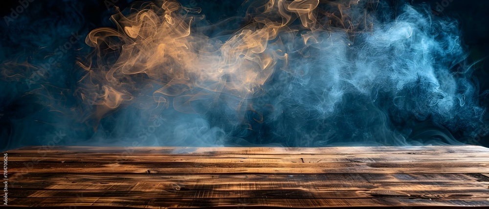 Mystic Smoke over Wooden Table Stage. Concept Wooden Table, Smoke Effects, Mystic Theme, Stage Setup