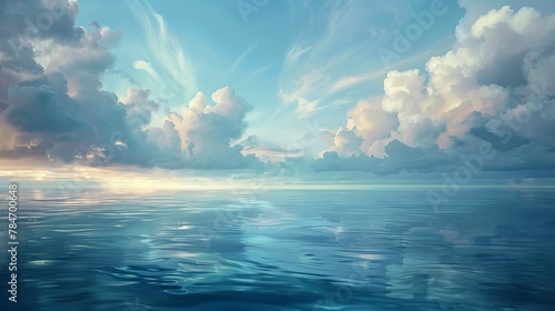 Serene seas or oceans bask under soft clouds.