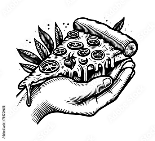 Adobe Illustrator ArtworkHand holding a triangle slice of pepperoni pizza. Italian fast food, cut snack pieces. Isolated on white background. Stylized engraved vector illustration.