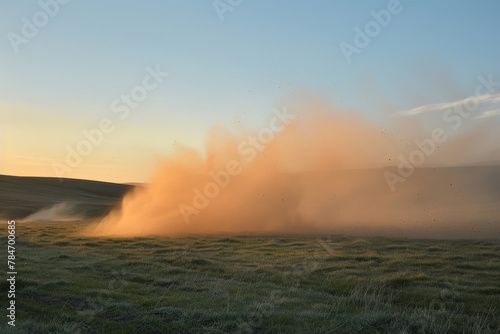 Dust Storm Sweeping Over Golden Twilight Fields