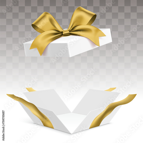 Opened white gift box with shiny golden ribbon, isolated on transparent background. Luxury surprise giftbox with empty space, vector illustration.