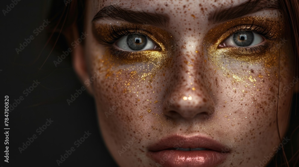beautiful woman, golden patches for the eyes, black background. generative ai beautiful woman, golden patches for the eyes, black background. generative ai