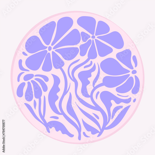 A postcard with painted purple flowers and abstract leaves in a circle