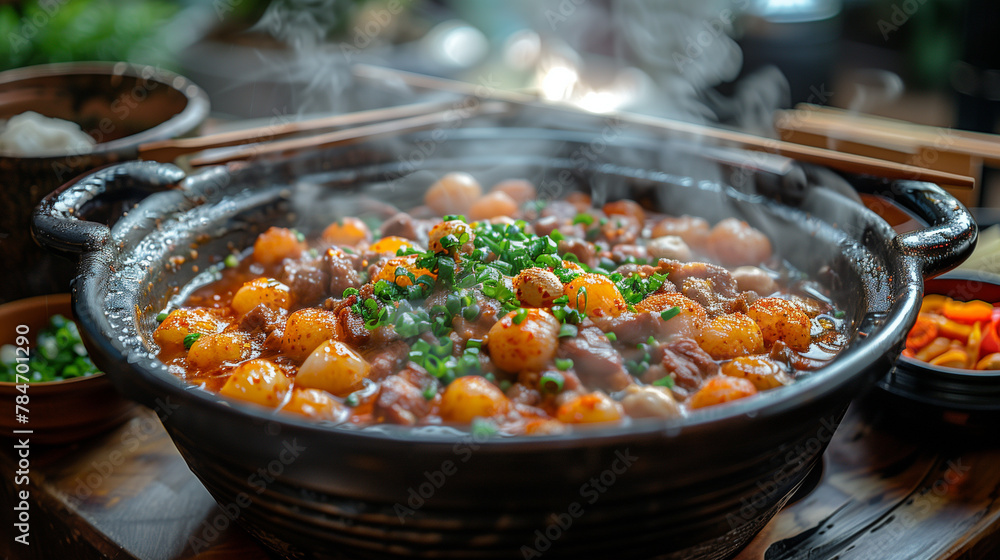A steaming hot pot filled with traditional Chinese delicacies, surrounded by chopsticks and condiments, exuding irresistible aromas A steaming hot pot filled with traditional Chinese delicacies, surrounded by chopsticks and condiments, exuding irresistible aromas