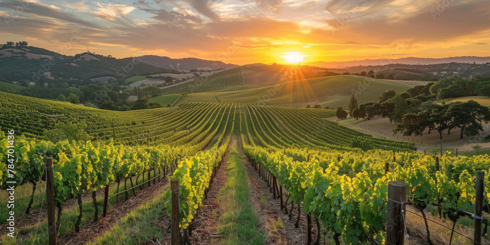 Idyllic Vineyard at Sunset with Rolling Hills and Lush Vines