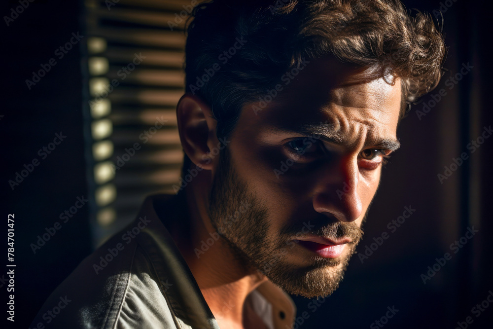 Intense Young Man with Beard in Dramatic Shadow Lighting Intense Young Man with Beard in Dramatic Shadow Lighting