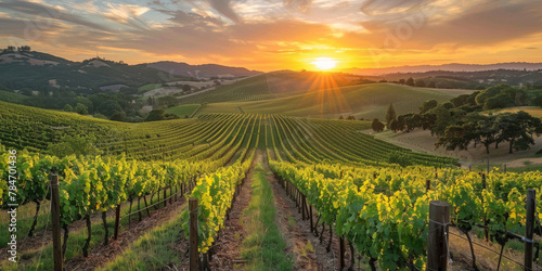 Idyllic Vineyard at Sunset with Rolling Hills and Lush Vines