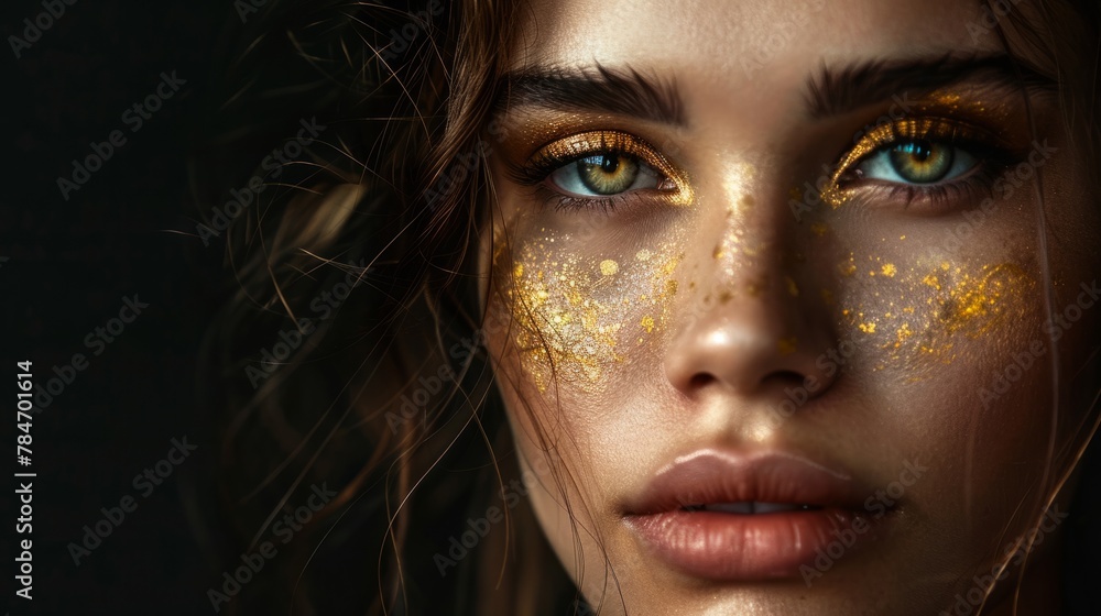 beautiful woman, golden patches for the eyes, black background. generative ai beautiful woman, golden patches for the eyes, black background. generative ai