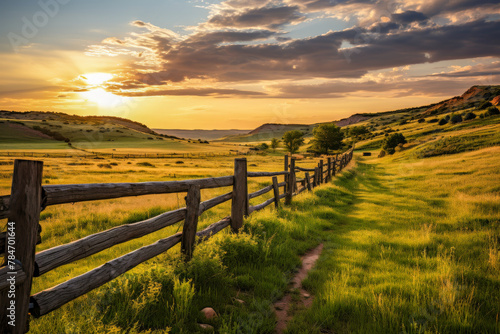Serene Sunset Over Rolling Hills with Rustic Wooden Fence