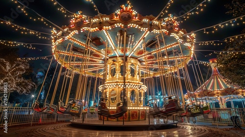 Swinging carousel in an amusement park with bright lights at night.