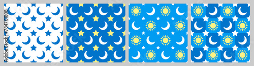 Set of seamless pattern with crescent, stars and sun. Simple geometric ornaments for wallpaper, background, textile etc. Vector illustration