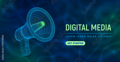 Template of conceptual advertising banner on Digital Media Marketing theme with 3d wireframe megaphone or loudspeaker and place for text on futuristic blue background. Vector illustration