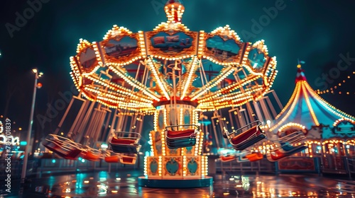 Swinging carousel in an amusement park with bright lights at night.