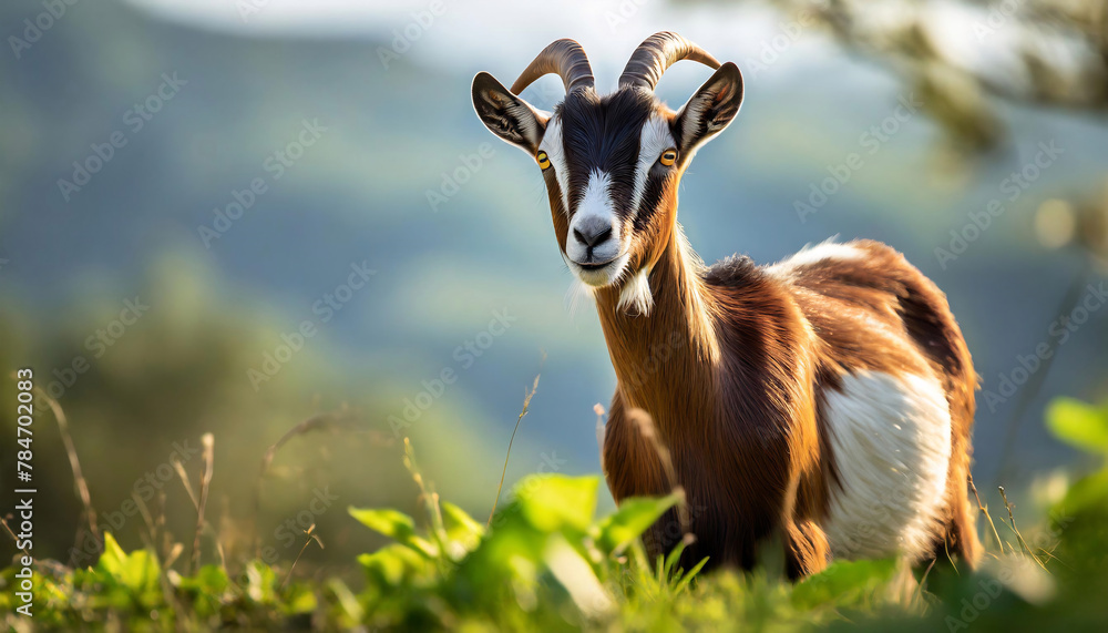 A goat with black, brown and white fur and curved horns stands against a blurred natural background. A goat with black, brown and white fur and curved horns stands against a blurred natural background.