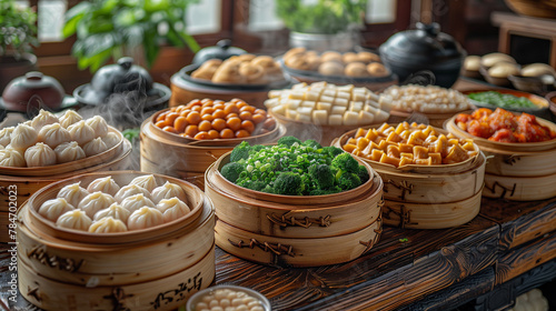 A picturesque scene of yumcha ambiance, with bamboo steamers filled with an assortment of dumplings creating a captivating display-3