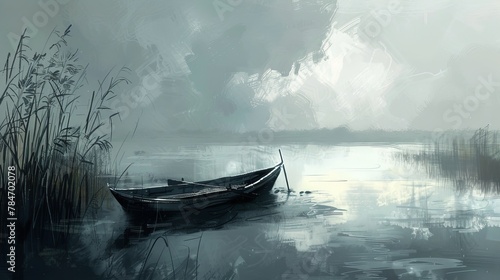 Sketch of a boat in a river or delta.