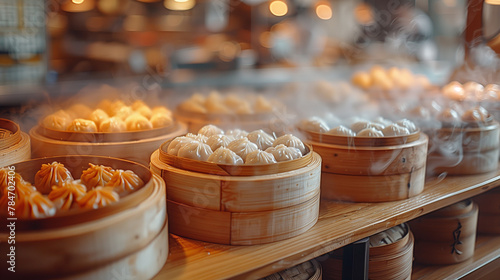 A picturesque scene of yumcha ambiance  with bamboo steamers filled with an assortment of dumplings creating a captivating display-4