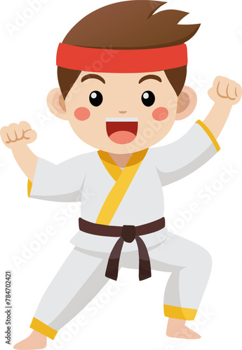 A cartoon illustration of a karate kid celebrating