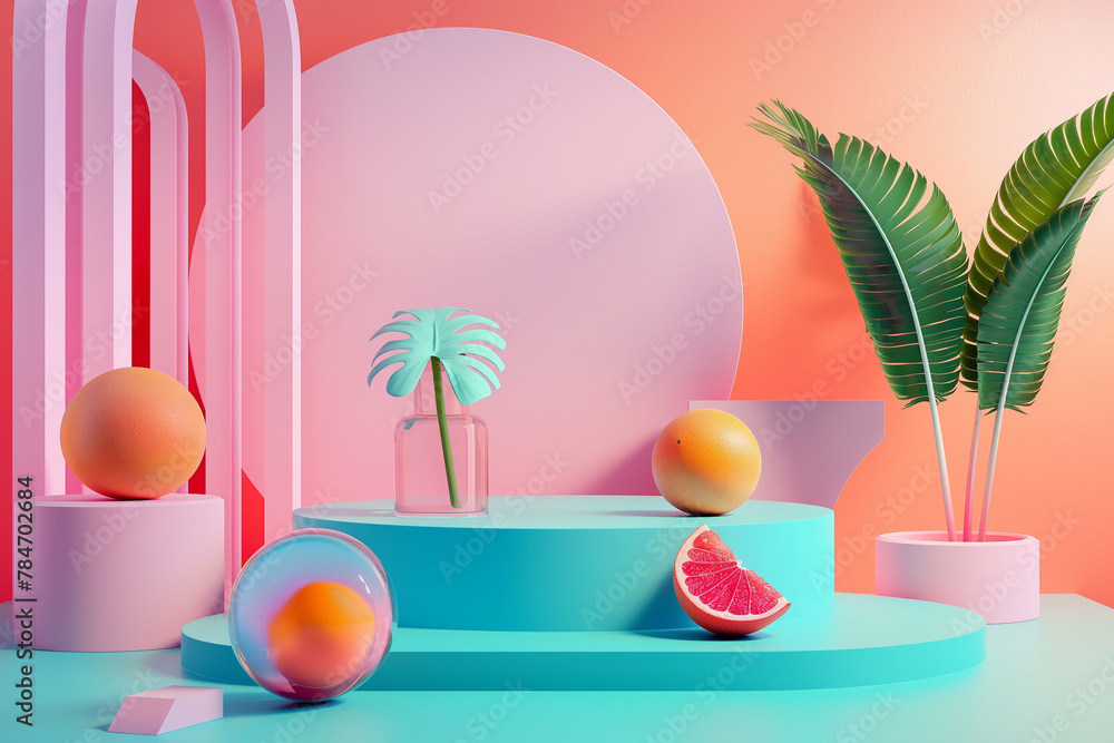 summer colorful vacation-and landscape 3d geometric podium mockup  tropical natural concept for showcase  background Abstract minimal scene product presentation