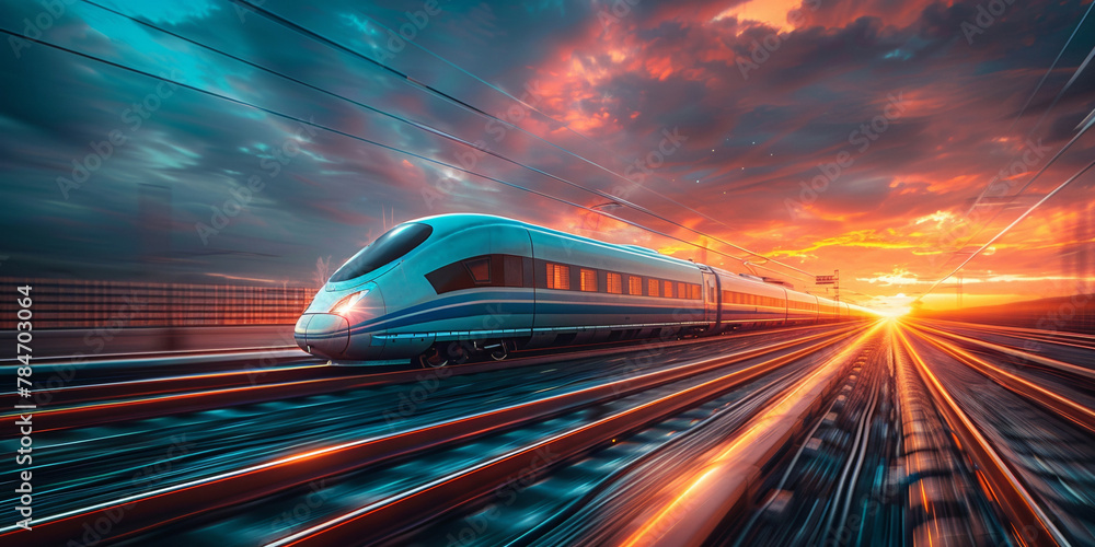 As the sun sets, a speedy passenger train navigates the modern railway system, facilitating efficient transportation.