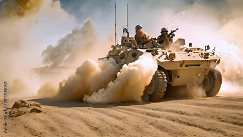 Heavy armored vehicle in a combat clash in the desert photo