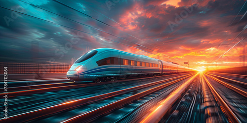 As the sun sets, a speedy passenger train navigates the modern railway system, facilitating efficient transportation. photo