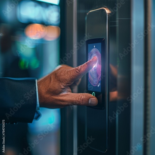 the hand of a businessman is shown undergoing a finger scan on a biometric measuring machine to access an office door 