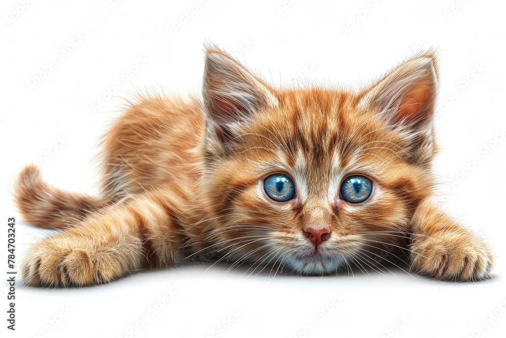 Obraz premium An adorable ginger kitten, attentive and curious, lies on a white background, a playful and sweet portrait.