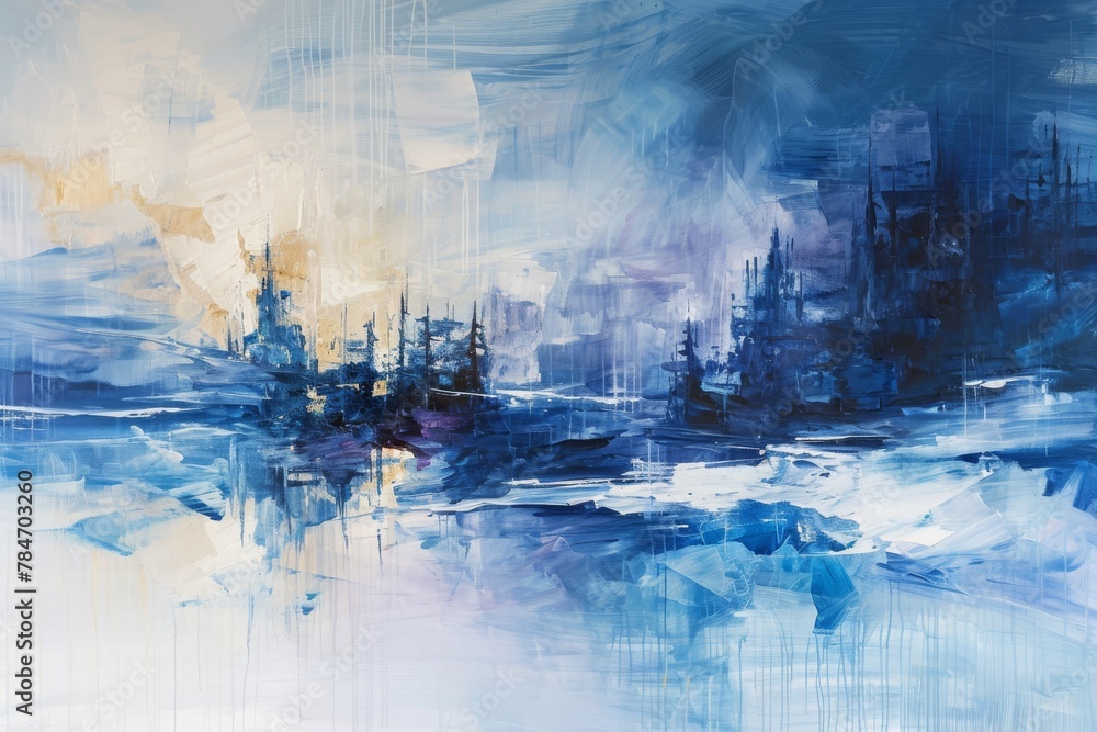 A Painting of a Blue and White Cityscape, Abstract painting of a futuristic winter landscape, AI Generated