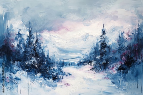 This photo captures a painting depicting a wintry scene with trees covered in snow, Abstract painting of a futuristic winter landscape, AI Generated