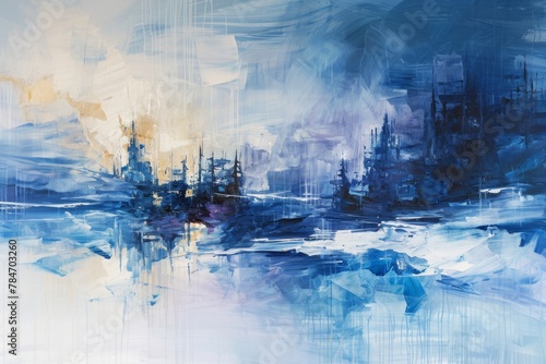 A Painting of a Blue and White Cityscape  Abstract painting of a futuristic winter landscape  AI Generated