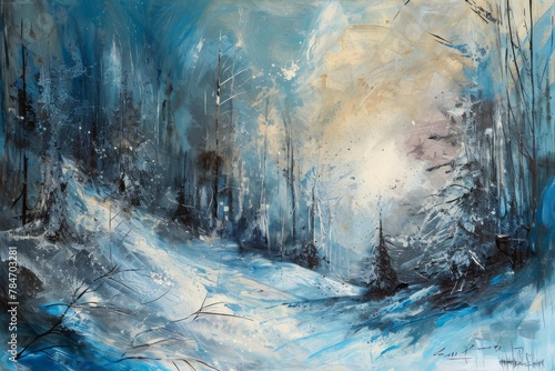 A Painting of a Snowy Landscape With Trees, Abstract painting of a futuristic winter landscape, AI Generated