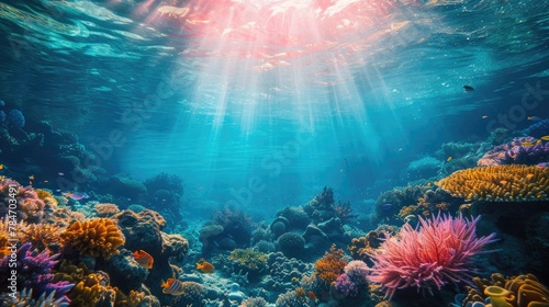 An underwater coral reef scene, diverse marine life, vivid colors, showcasing the beauty and diversity of ocean life. Underwater photography, coral reef ecosystem, diverse marine life,. Resplendent. photo