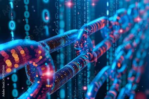 A photo showcasing a chain with alternating blue and red links, each displaying numbers, against a plain background, Abstract representation of blockchain technology, AI Generated