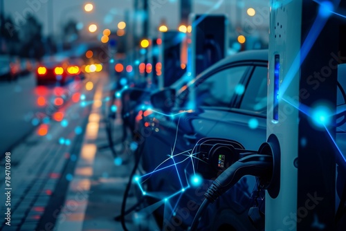 An electric car is charging at a charging station, connected to the charging port via a charging cable, Abstract representation of electric grid powering vehicle charging stations, AI Generated
