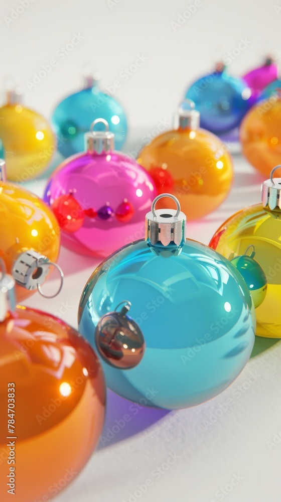 Christmas Bauble, Baubles on Solid tone Surface. A panoramic image showcasing baubles in vibrant colored tones reflecting a wintry setting placed on a solid surface, creating a cozy holiday scene Christmas Bauble, Baubles on Solid tone Surface. A panoramic image showcasing baubles in vibrant colored tones reflecting a wintry setting placed on a solid surface, creating a cozy holiday scene