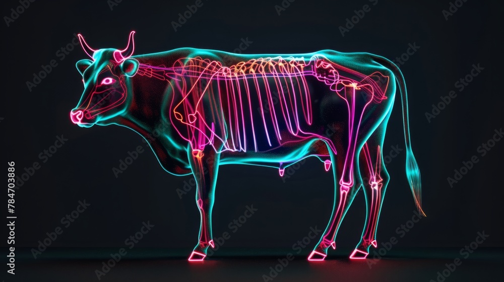 cow with muscles highlighted in neon color, on black background generative ai cow with muscles highlighted in neon color, on black background generative ai