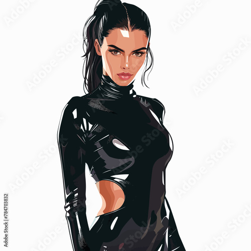 Sexy woman in black latex costume. Fashion model. Vector illustration.