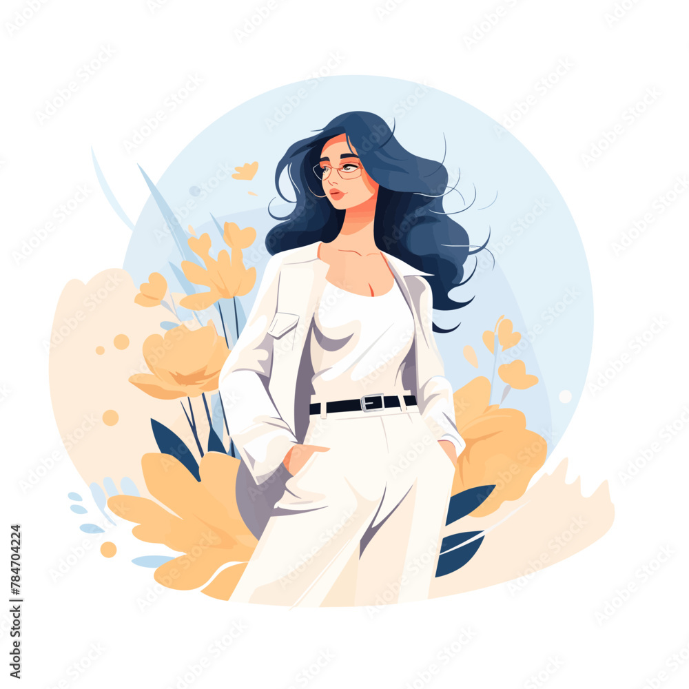 Vector illustration of a beautiful girl with long hair in a white coat and blue skirt. Vector illustration of a beautiful girl with long hair in a white coat and blue skirt.
